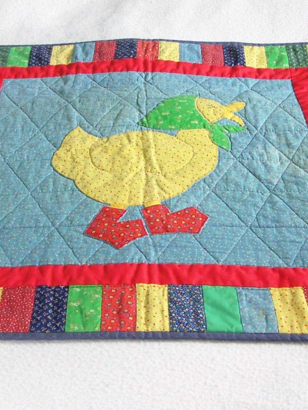Vintage Handmade Duck Child's Quilt, Applique Calico Fabrics - Cottagecore